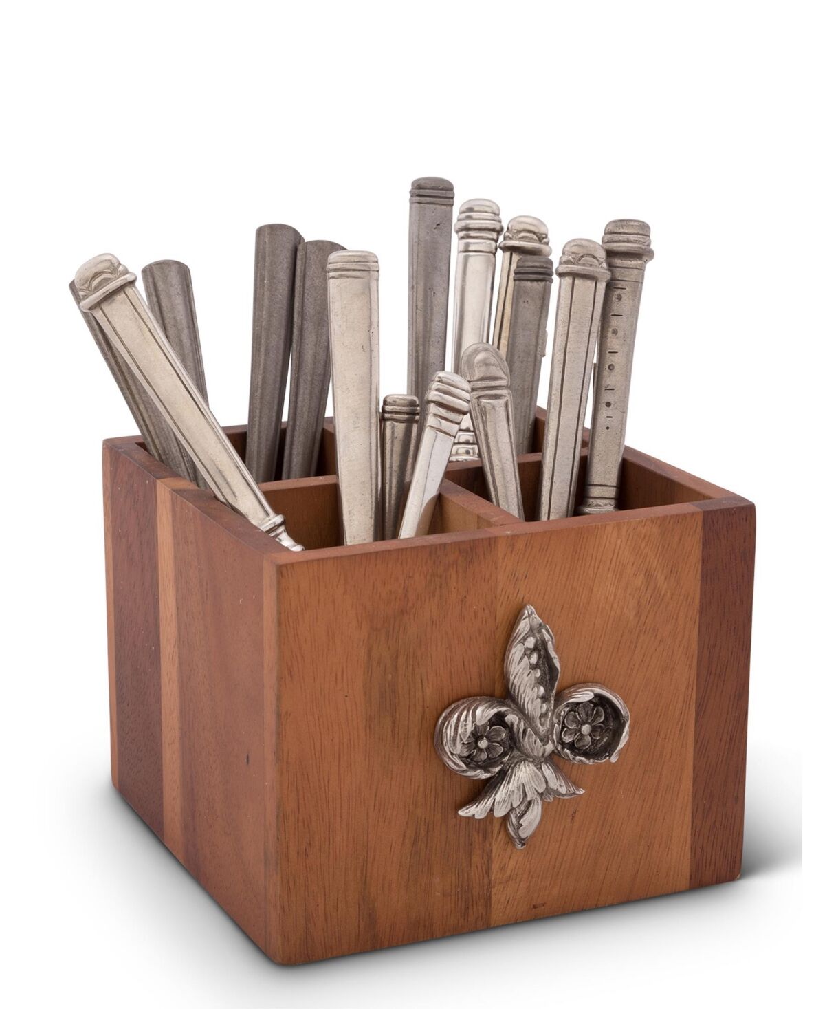 Vagabond House Square Caddy Acacia Wood Flatware, Serve Ware, Utensil, Carry-All Holder with Solid Pewter Fleur De Lis Accent, 4 Compartments - Pewter