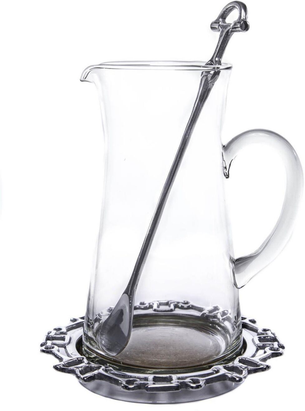 Arthur Court Designs 3-Piece Glass Horse Bit Pitcher Set - Equestrian Glass Pitcher, Coaster, Stirrer Set - Silver