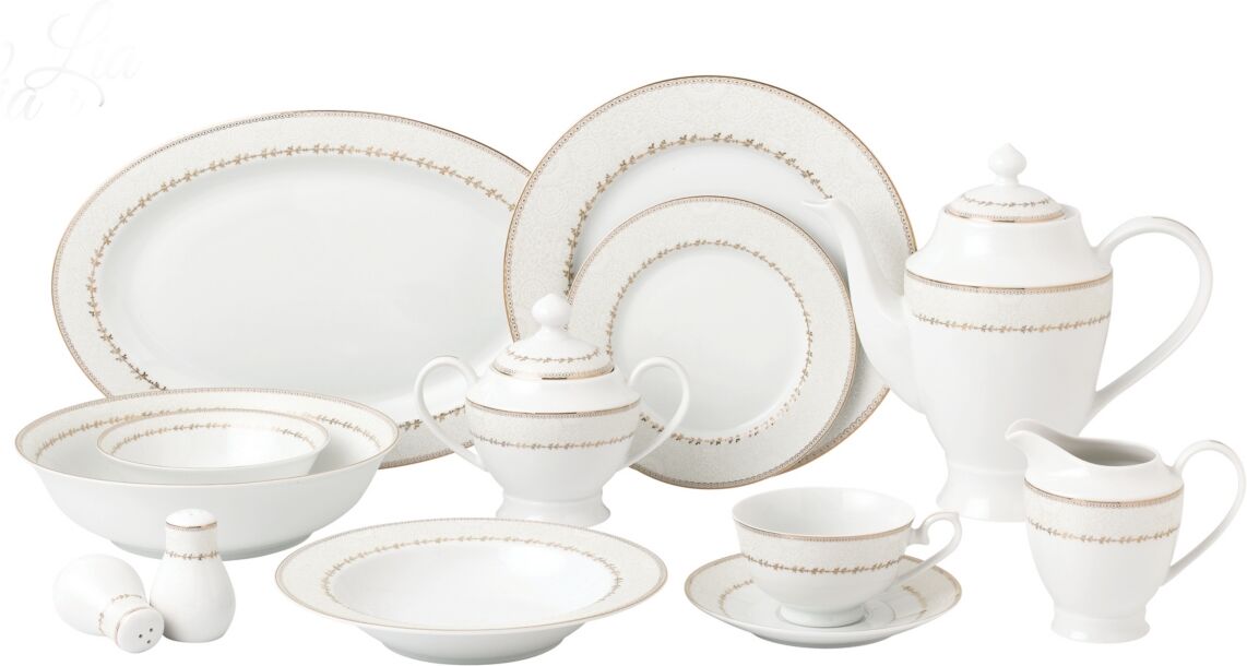 Lorren Home Trends Dinnerware Fine China Service for 8 People-Lia, Set of 57 - Gold-Tone