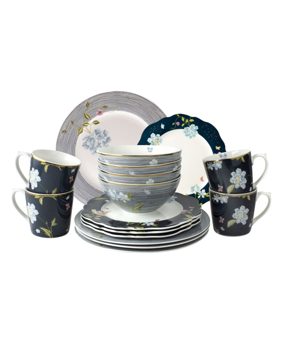 Laura Ashley Heritage Collectables Dinner Set in Gift Box, 16 Pieces - White with Blue and Dark Blue