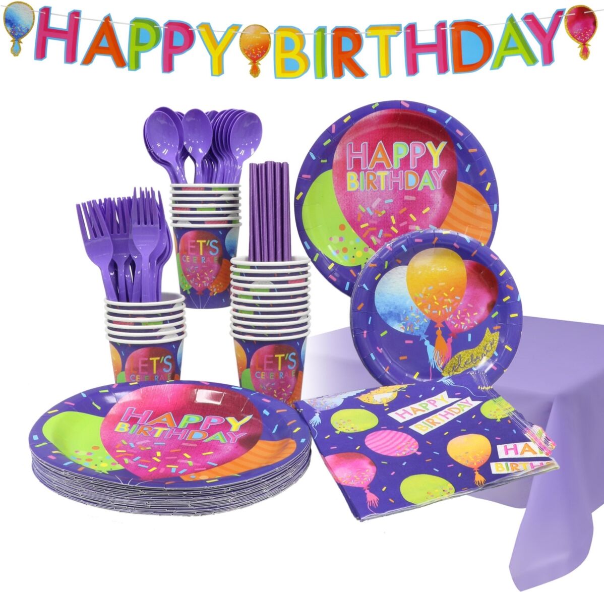 Puleo Disposable Birthday Party Set, Serves 24, with Large and Small Paper Plates, Paper Cups, Straws, Napkins, Plastic Utensils, Tablecloth and Banner - Pu