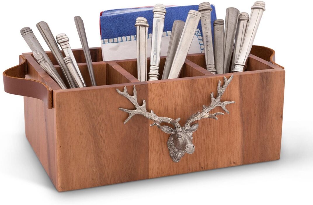 Vagabond House Caddy Rectangle Acacia Wood Flatware, Serve Ware, Utensil, Carry-All Holder with Solid Pewter Rustic Elk Head Accent and Real Leather H