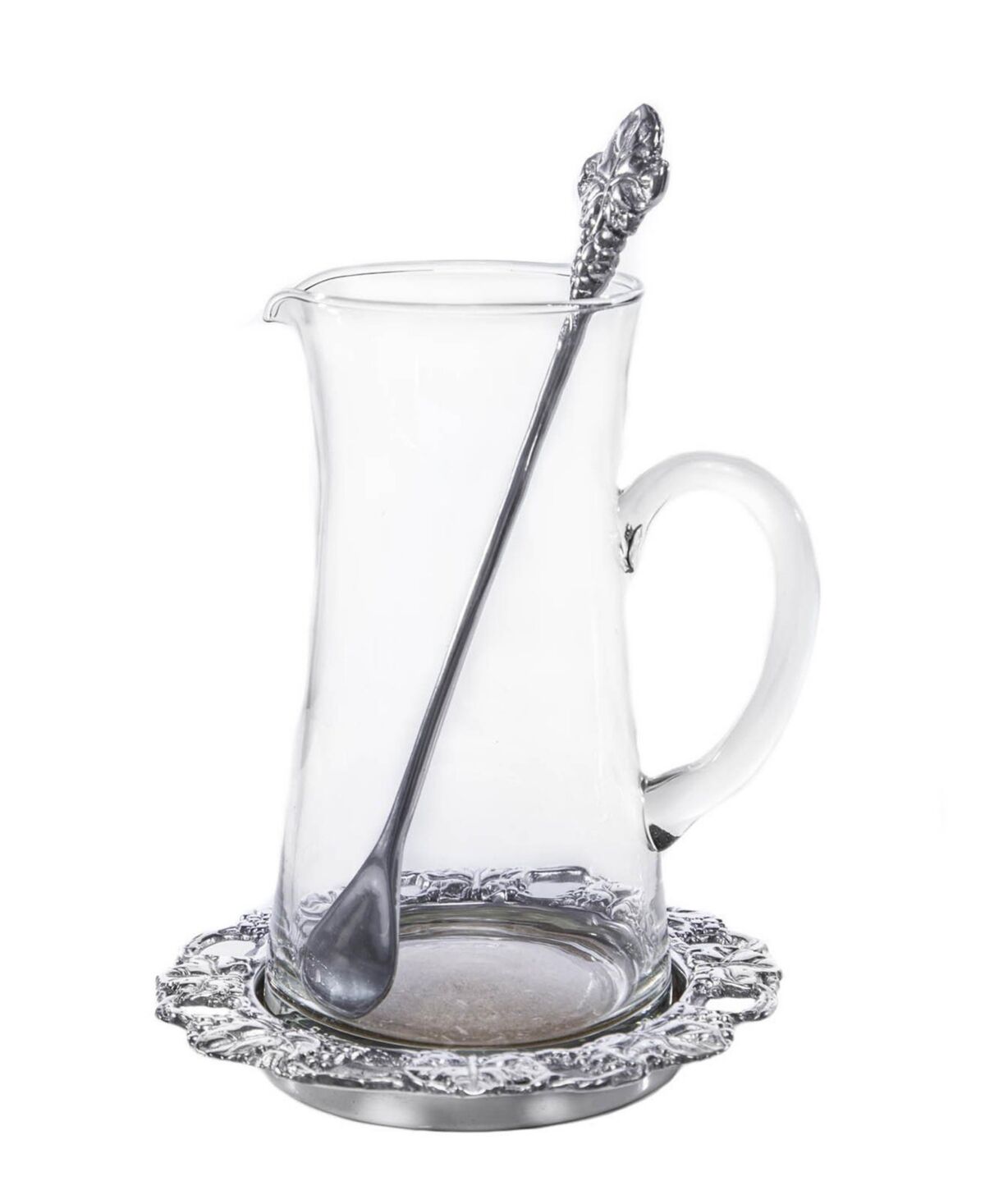 Arthur Court Designs 3-Piece Beverage Glass Pitcher Grape with Coaster and Stirrer, Perfect for Lemonade - Ice Tea - Silver