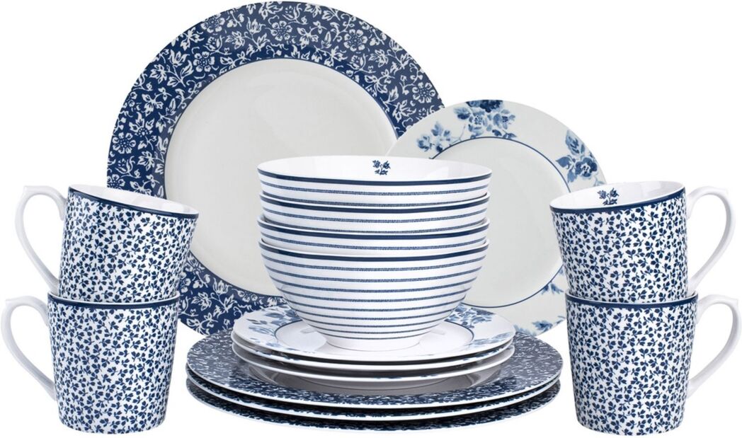 Laura Ashley Blueprint Collectables Dinner Set in Gift Box, 16 Pieces - White with Blue