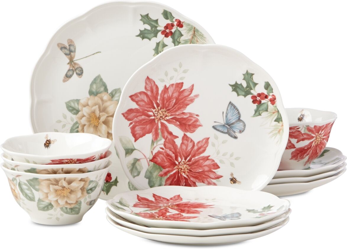 Lenox Butterfly Meadow Holiday 12 Pc. Dinnerware Set, Service for 4, Created for Macy's - White Porcelain Body With Multi Color De