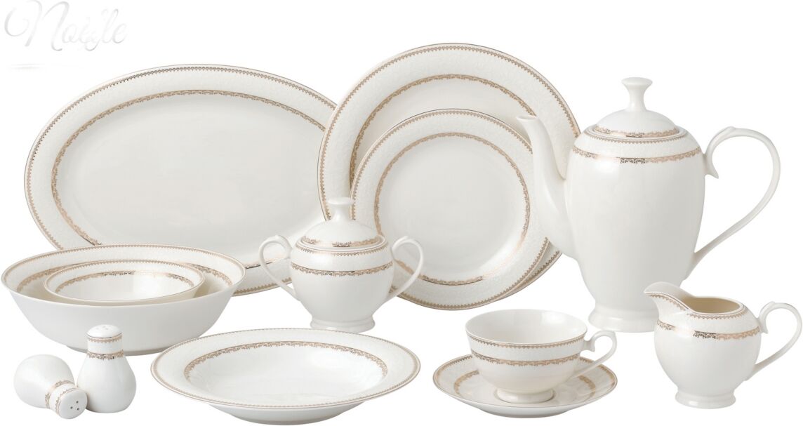 Lorren Home Trends Dinnerware Bone China Service for 8 People-Noelle, Set of 57 - Gold-Tone