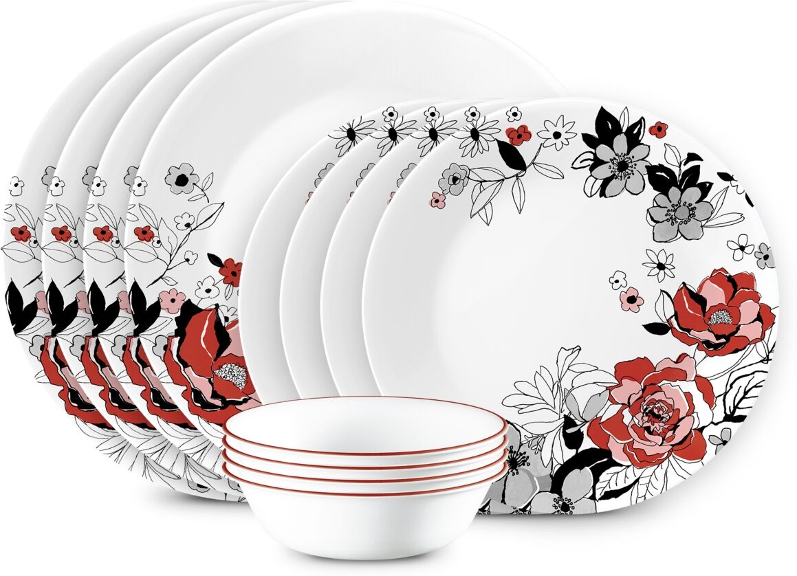 Corelle Vitrelle Chelsea Rose 12-Piece Dinnerware Set, Service for 4 - White