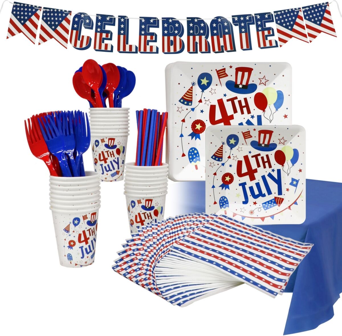 Puleo Disposable 4th of July Party Set, Serves 24, with Large and Small Paper Plates, Paper Cups, Straws, Napkins, Plastic Utensils, Tablecloth and Banner -