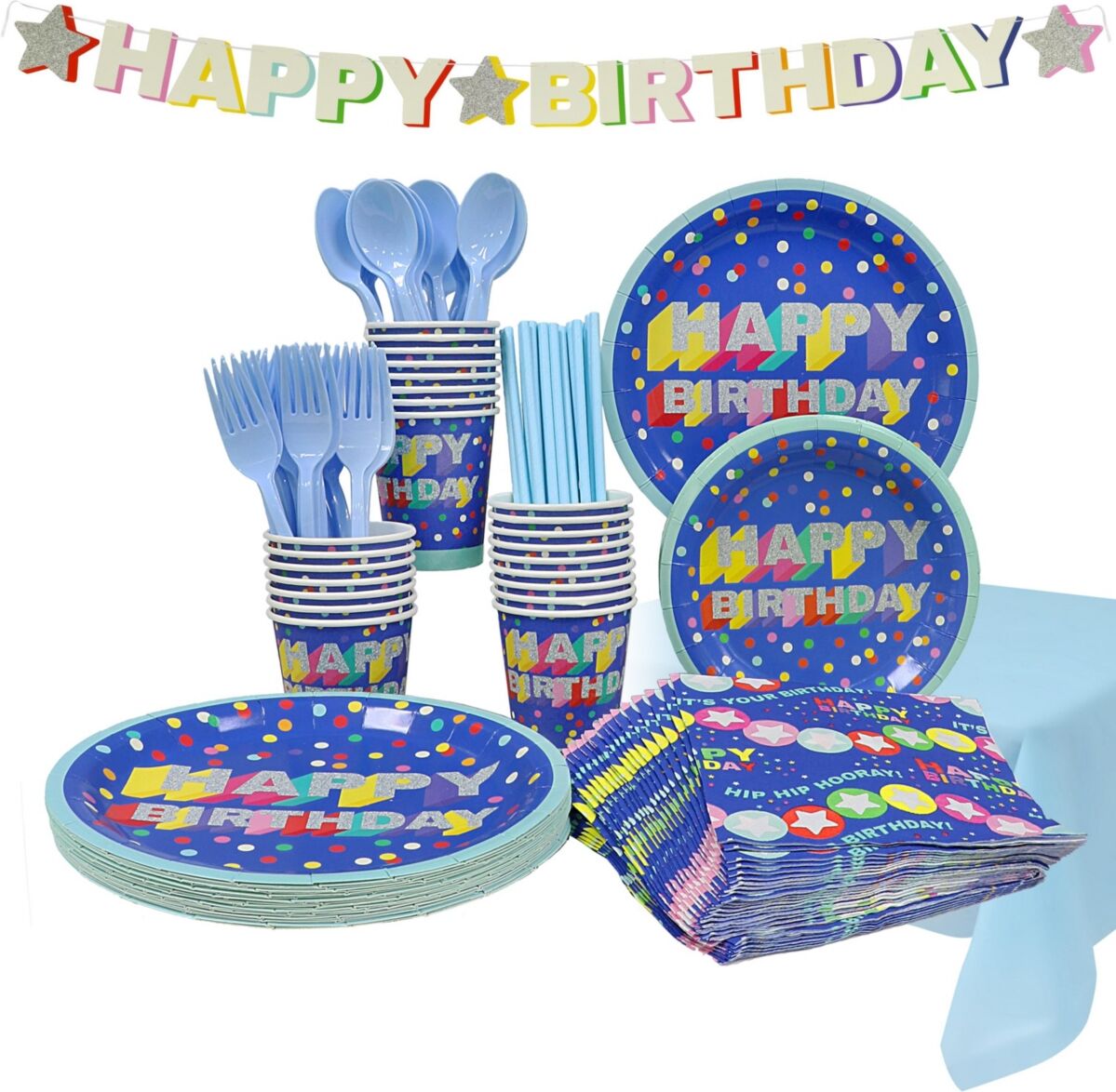 Puleo Disposable Birthday Party Set, Serves 24, with Large and Small Paper Plates, Paper Cups, Straws, Napkins, Plastic Utensils, Tablecloth and Banner - Bl