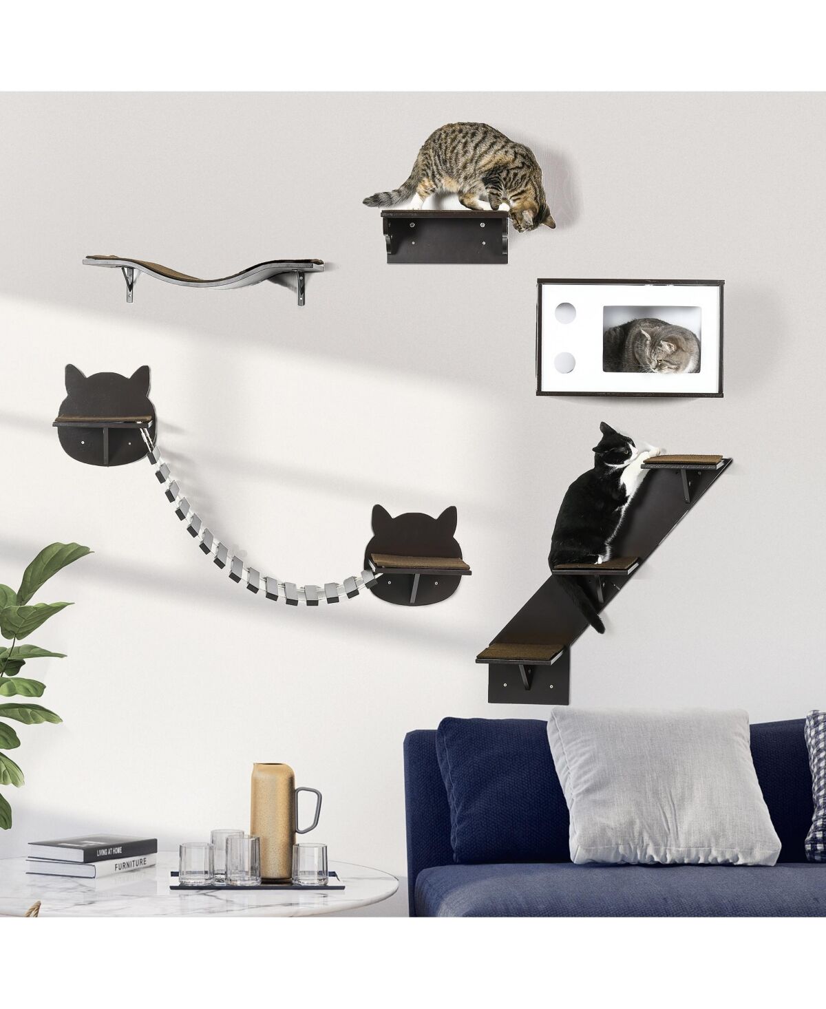 PawHut Cat Shelves with Ergonomically Curved Platform, Cozy Cat House, Bridge, Easy Stairs, and Flat Perch, Wall-Mounted Cat Tree Climbing Playground,