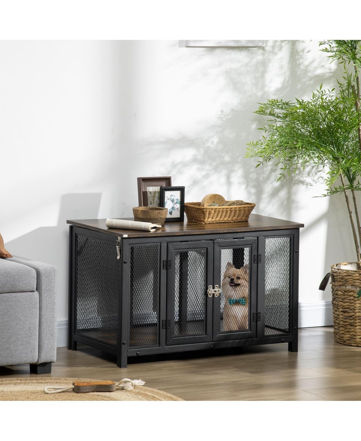 PawHut Furniture Style Dog Crate with Openable Top, Big Dog Crate End Table, Puppy Crate for Medium Dogs Indoor, Spacious Interior, Pet Kennel, Brown,