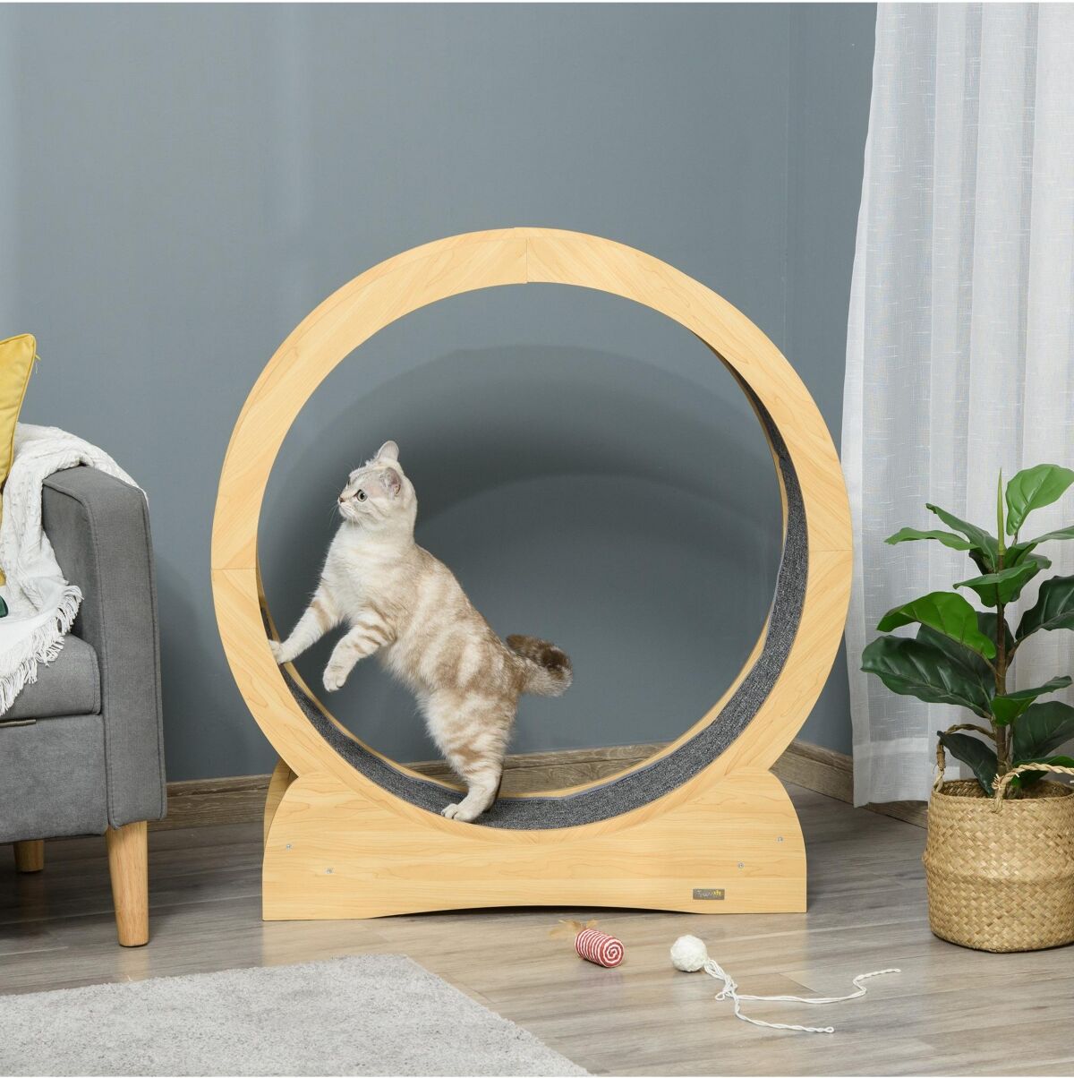 PawHut Cat Running Wheel Cat Tree with Carpet Runway Cat Exercise Wheel with Brake Cat Tower Pet Furniture for Kittens Natural - Natural