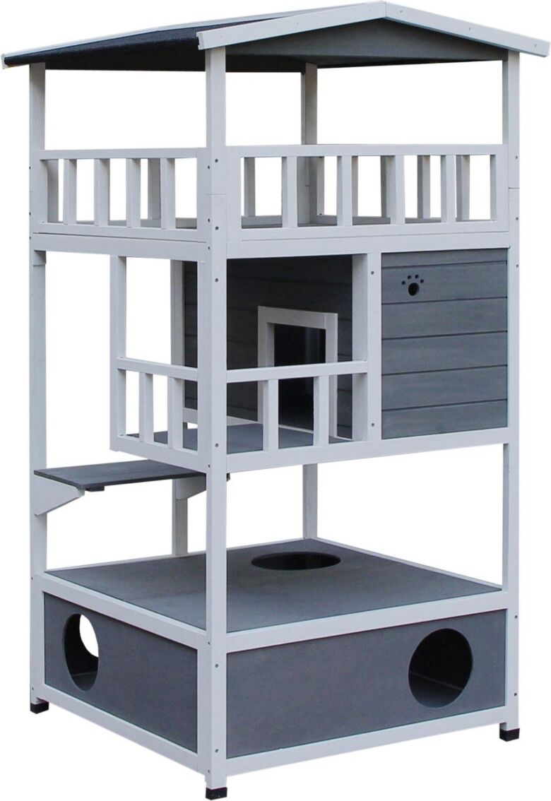 Pawhut Cat House, Kitten Condo Shelter w/ Raised Base Asphalt Roof, Grey - Grey