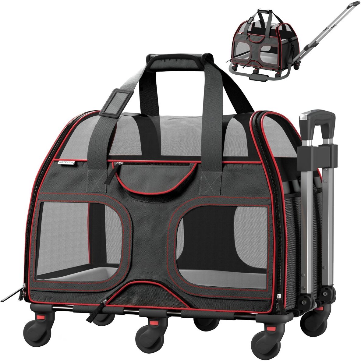 Katziela Luxury Rider Pro Pet Carrier With Removable Wheels And Double Telescopic Handle - Black with red trimming