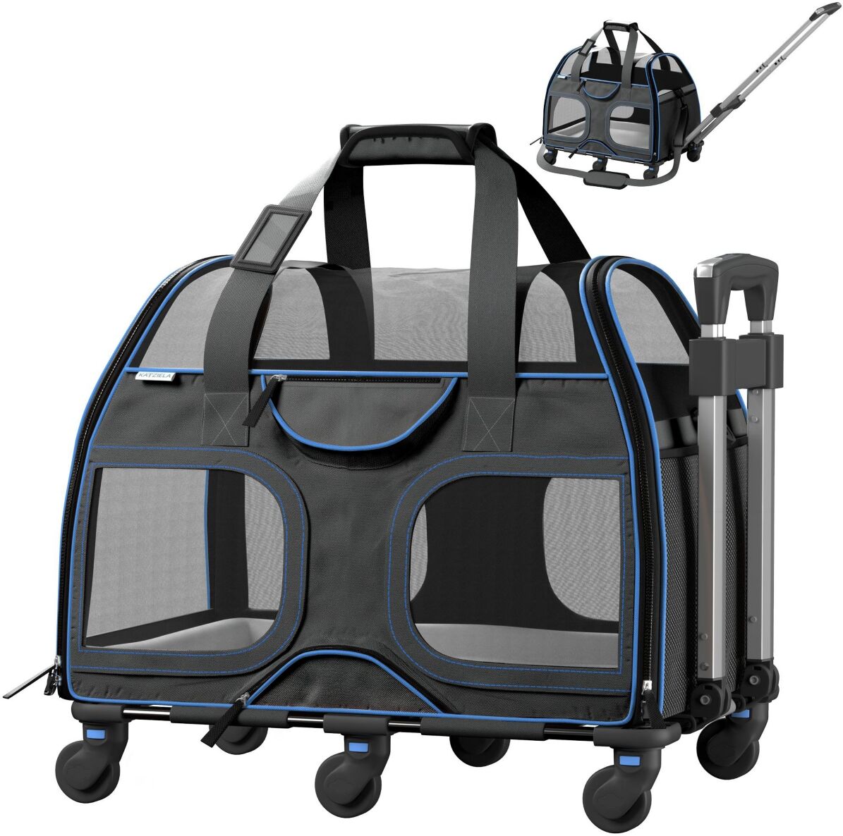 Katziela Luxury Rider Pro Pet Carrier With Removable Wheels And Double Telescopic Handle - Black with blue trimming