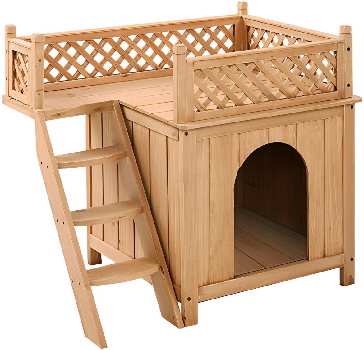 Sugift Wooden Dog House with Stairs and Raised Balcony for Puppy and Cat - Brown