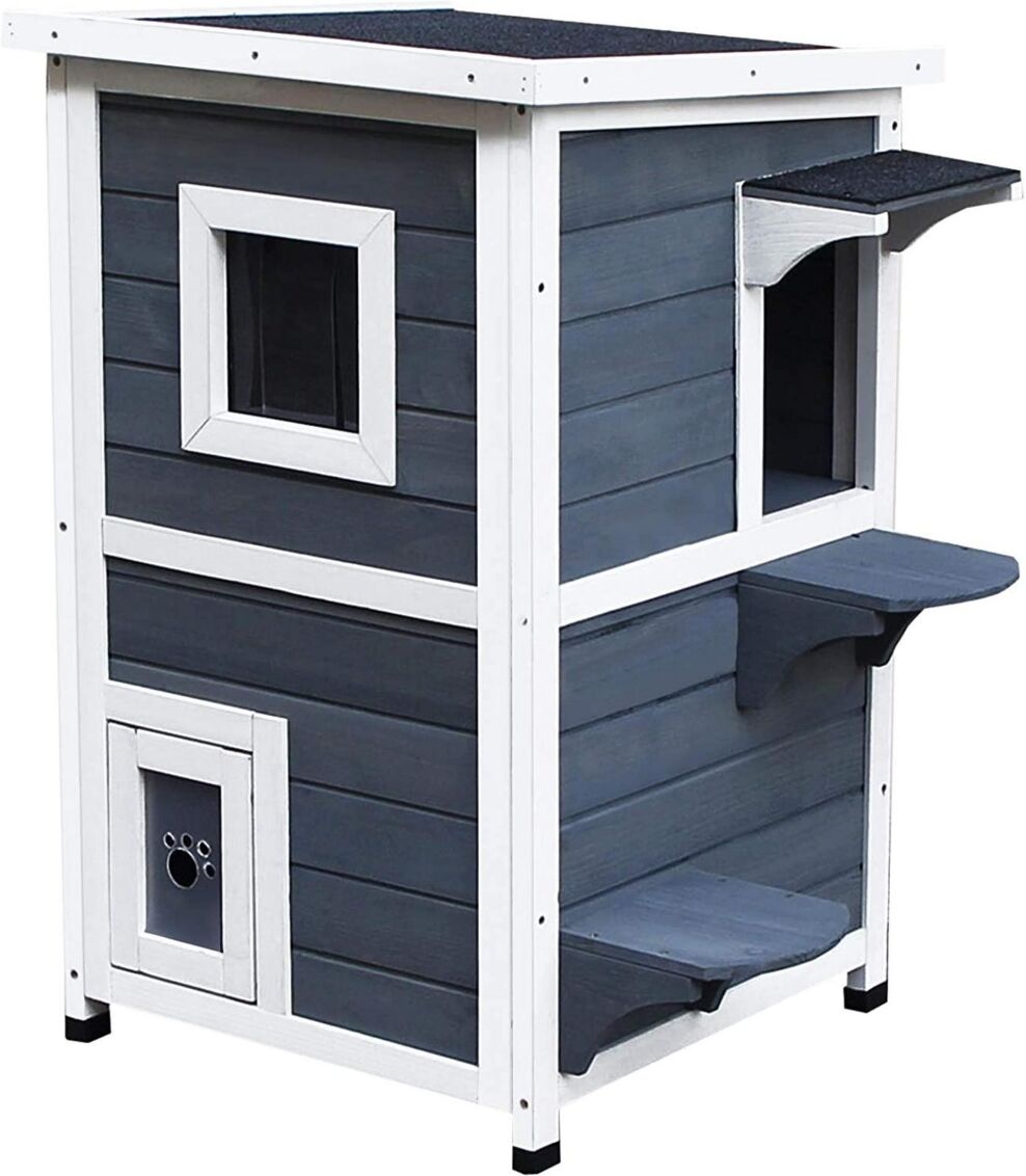 Pawhut Outdoor Solid Wood 2 Floor Cat Condo Pet House Shelter Gray - Grey