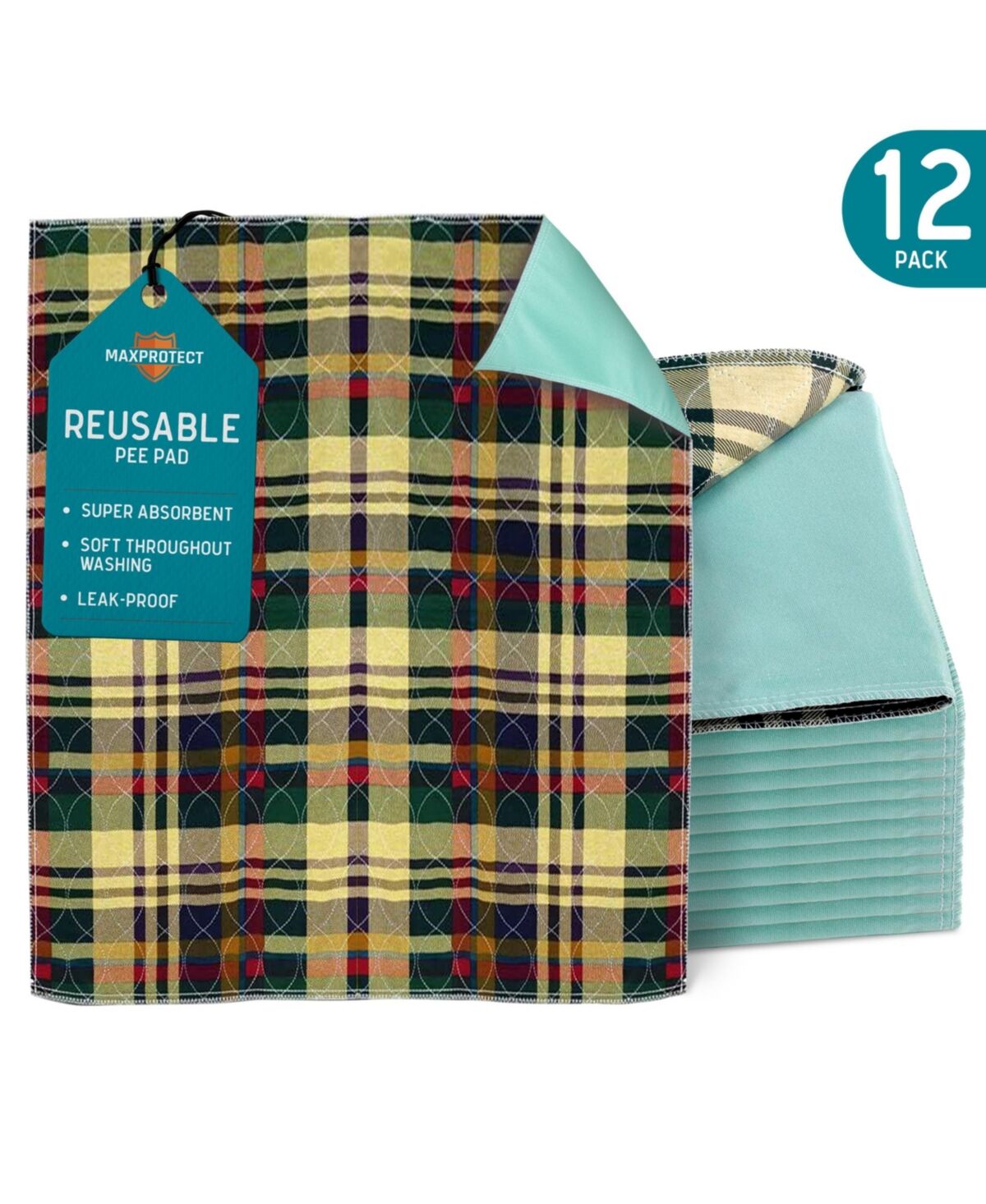 Chew + Heal MaxProtect Tartan Plaid Reusable Pee Pads for Dogs, Training Underpads - 12 Pack, 18