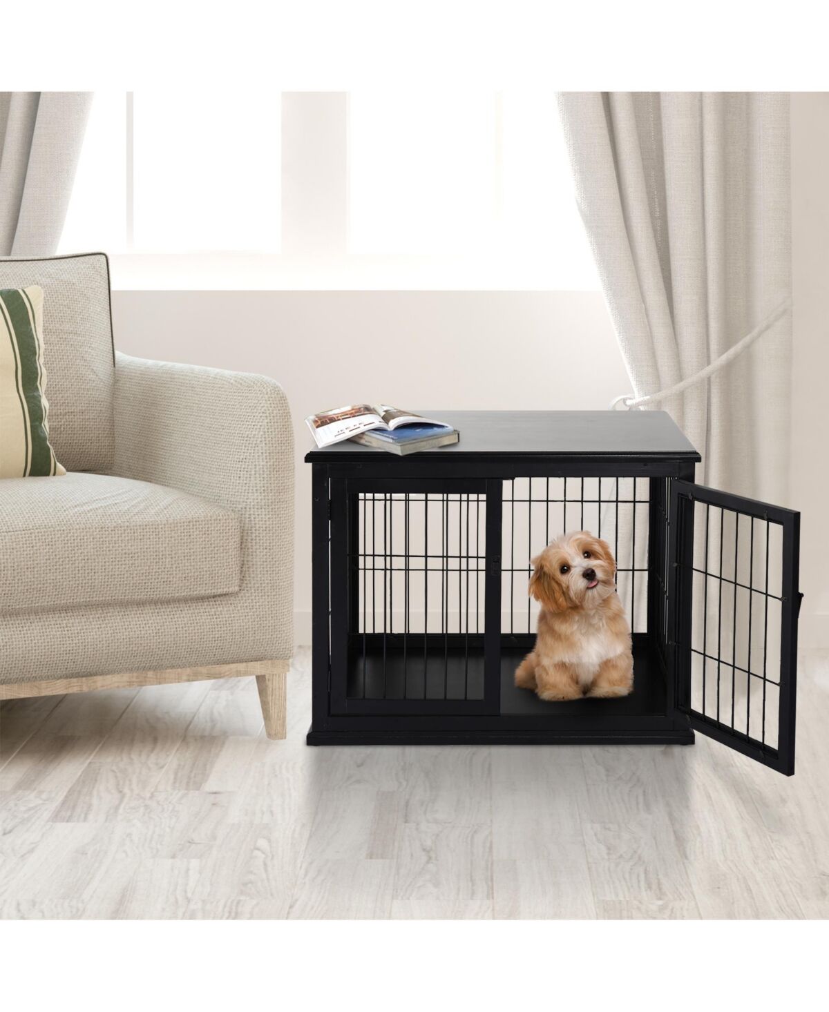 PawHut Wooden Decorative Dog Cage Pet Crate with Tabletop - Black