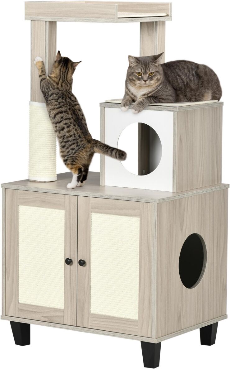 PawHut Cat Litter Box Enclosure Furniture with Cat Tree, Hidden Litter Box with Scratching Post, Bed, Modern Cat House Indoor, Gray - Grey