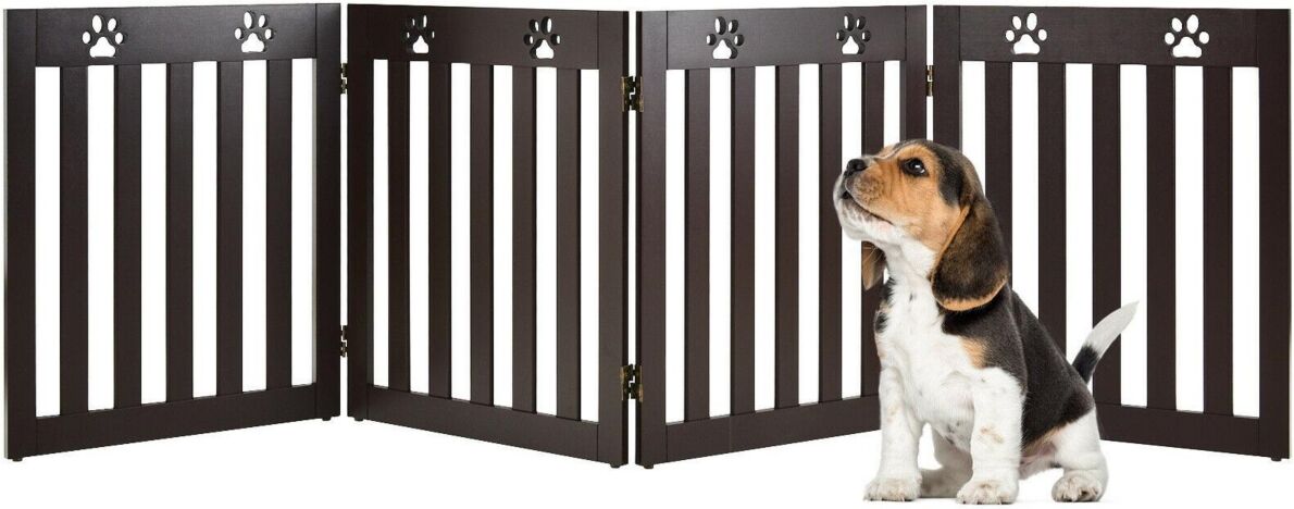 Sugift 24 Inch Folding Wooden Freestanding Pet Gate Dog Gate with 360° Hinge -Dark Brown - Dark Brown