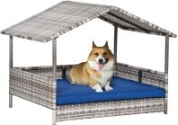 PawHut Elevated Wicker Dog House, Raised Rattan Pet Bed Cabana Canopy, Blue - Blue