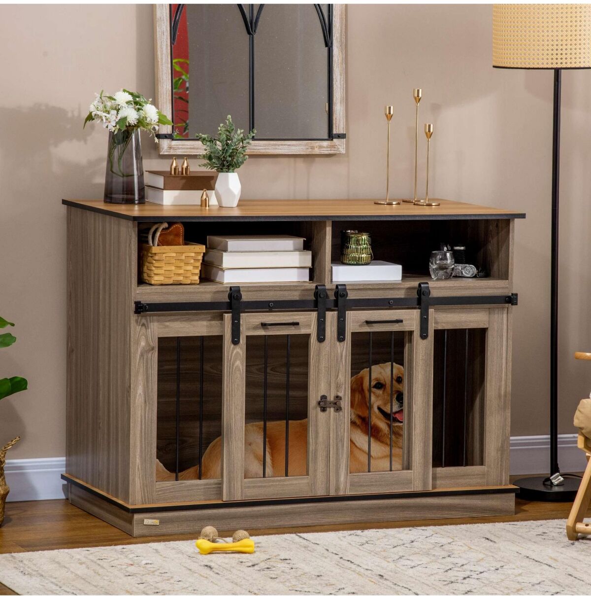 PawHut Size-Changing Dog Crate End Table with Removable Panel & Two Rooms, Large or Small Dog Cage with Shelves and Sliding Doors, Fancy Puppy Furnitu