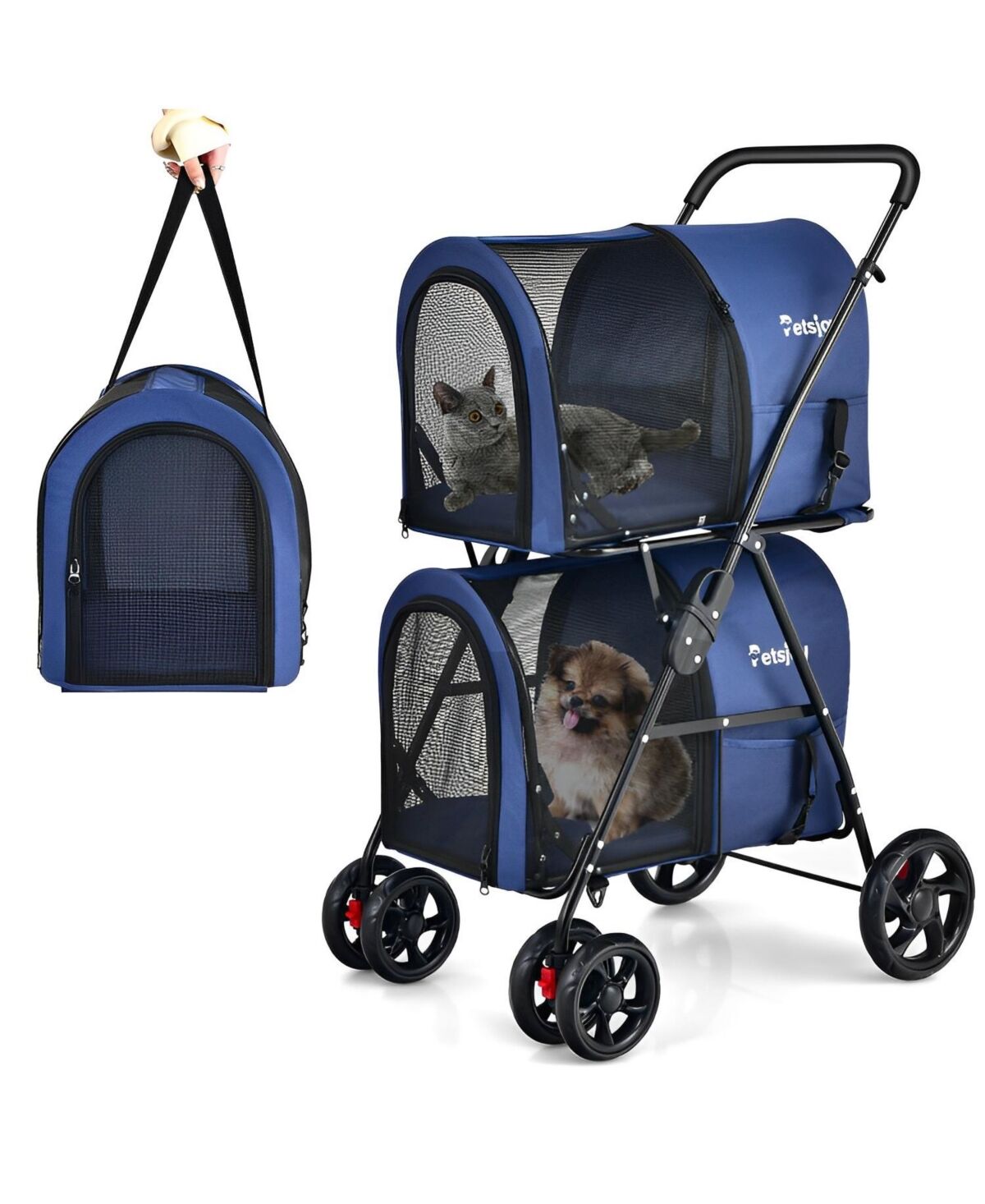 Sugift 4-in-1 Double Pet Stroller with Dog/Cat Carriers and Travel Carriage - Blue