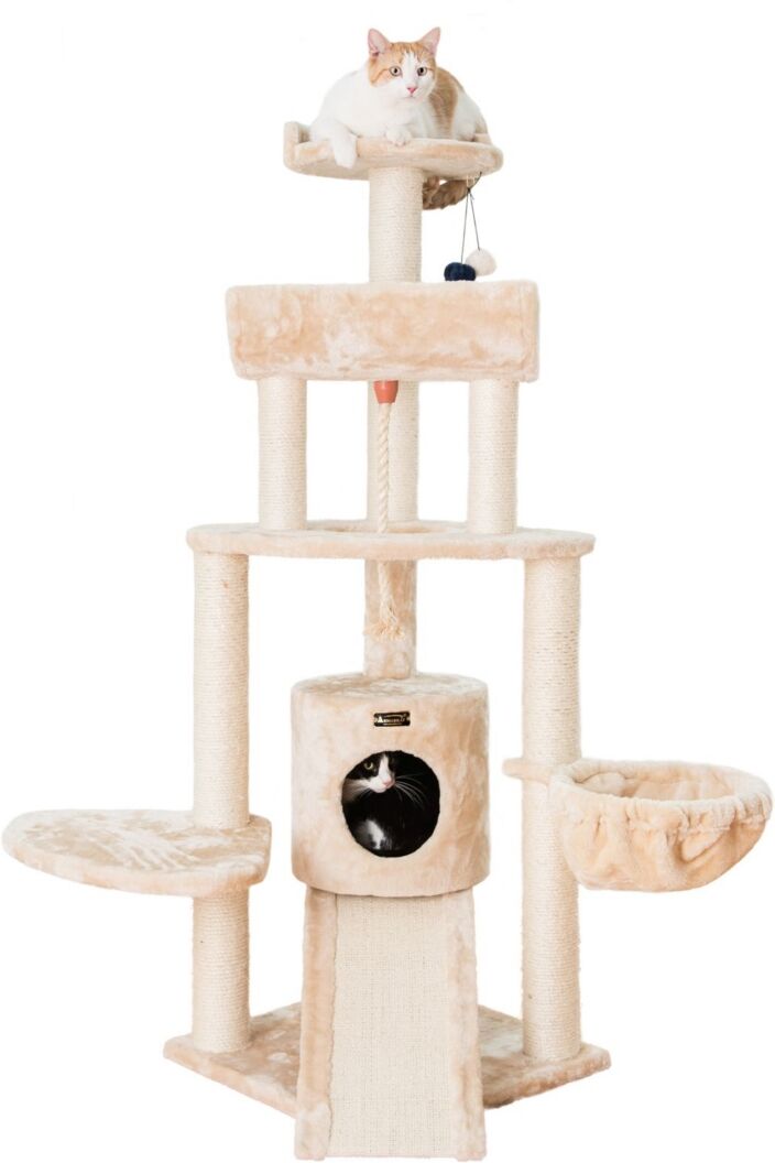 Armarkat Spacious Faux Fur Real Wood Cat Tower With Basket Lounge, Ramp - Beige