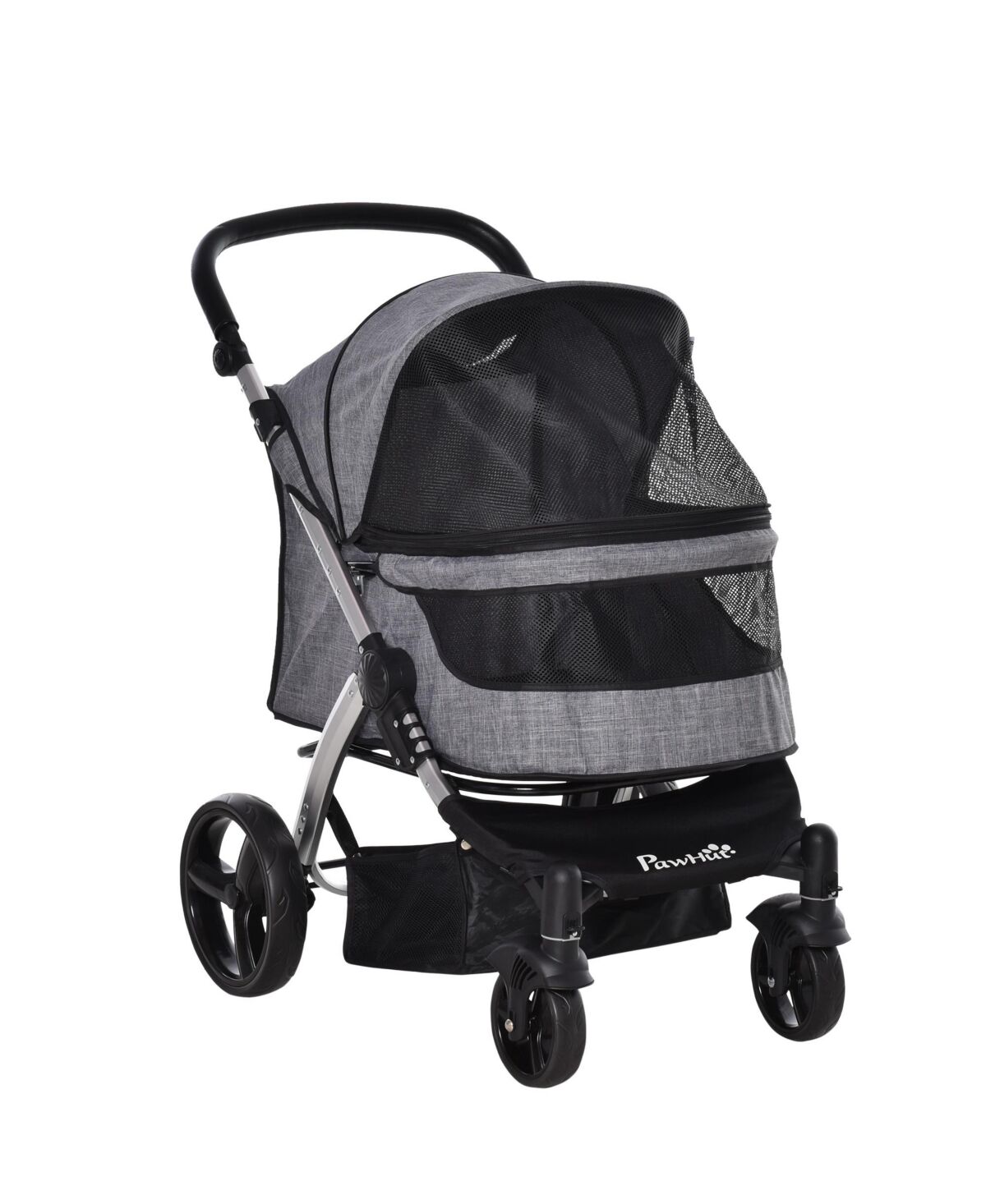 Pawhut Pet Stroller Foldable Travel Carriage with Adjustable Handle Brake Bag - Grey