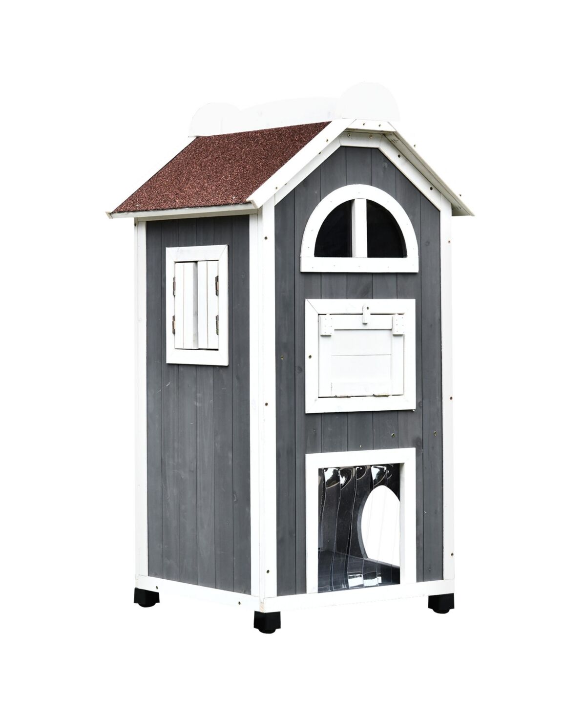 Pawhut Wood Cat Condo Furniture 2-Floor Pet Shelter Grey and White, 43