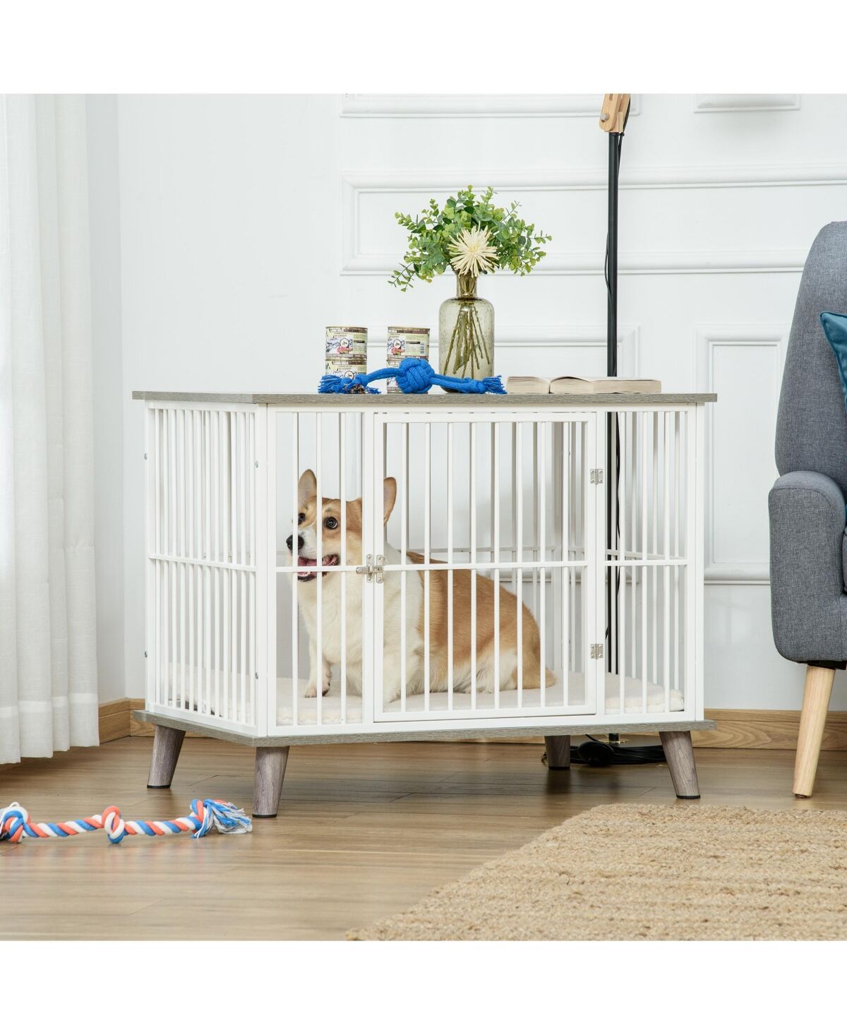 PawHut Furniture Style Dog Cage House w/ Soft Cushion for Small Medium Dog, Grey - Grey