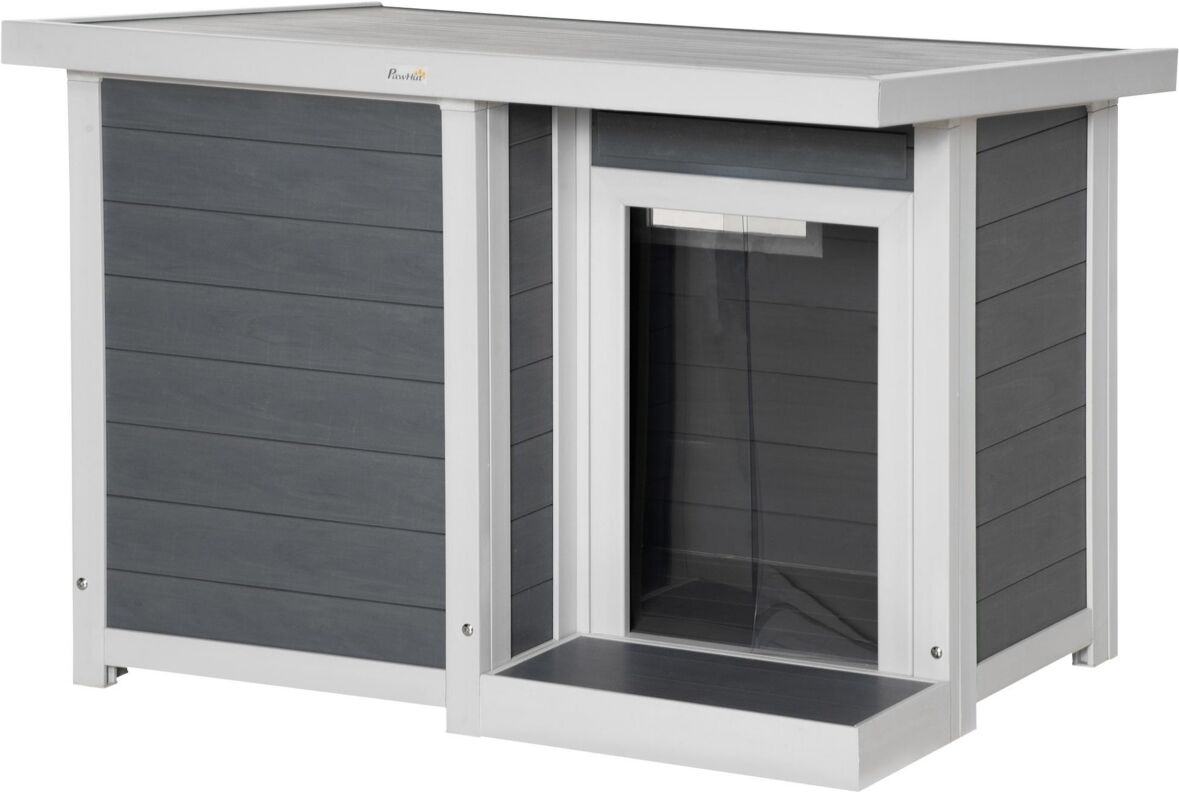 PawHut Dog House Outdoor with Openable Top, Raised Weather Resistant Dog Shelter with Front Door, Pvc Curtain, Porch for Medium Sized Dog, Gray - Grey