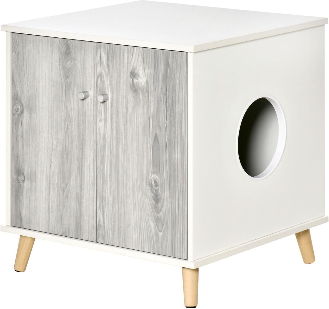 Pawhut Wooden Cat Mess-free Litter Box End Table w/ 2 Magnetic Doors - White