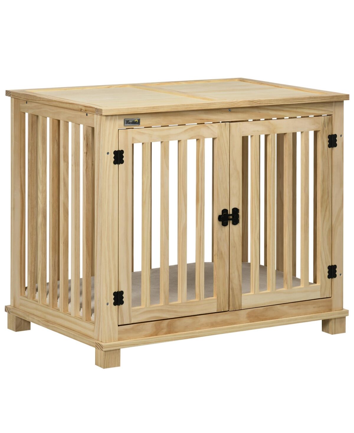 PawHut Wooden Dog Crate Furniture with Soft Cushion, Dog Crate End Table with Double Doors, Indoor Pet Crate for Small Medium Dogs - Natural