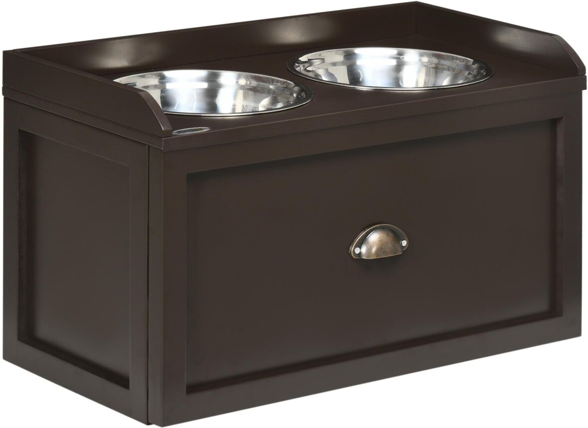 PawHut Large Elevated Dog Bowls with Storage, Raised Dog Bowl Stand, Brown - Brown