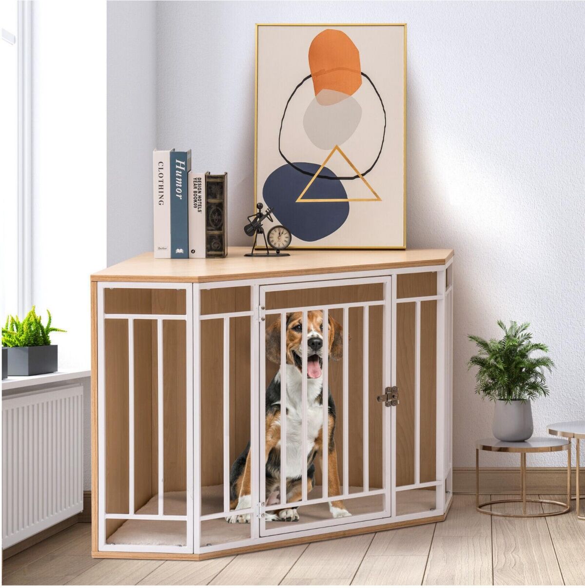 Robotime Mewoofun Wooden and Metal Dog House - Small/Medium Dog Crate Furniture - Pet Shelter - Brown