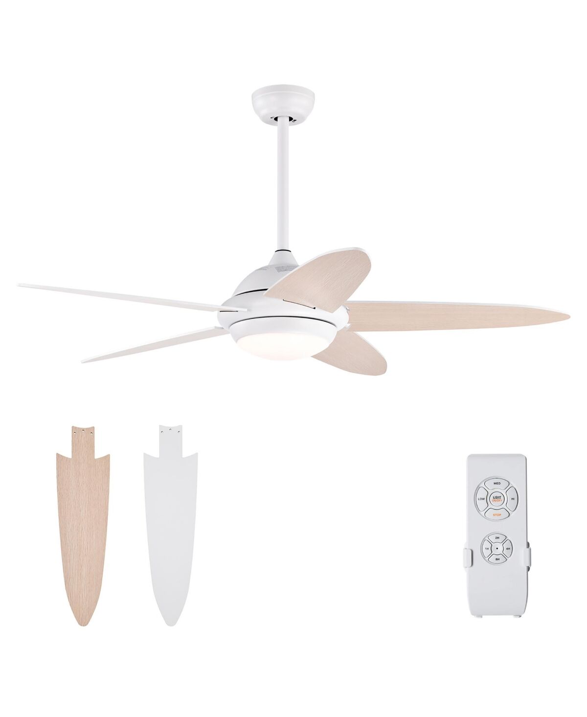 Costway 52'' Ceiling Fan with Led Lights & Remote Control 1/2/4/8H Timer & 3 Fan Speeds - White