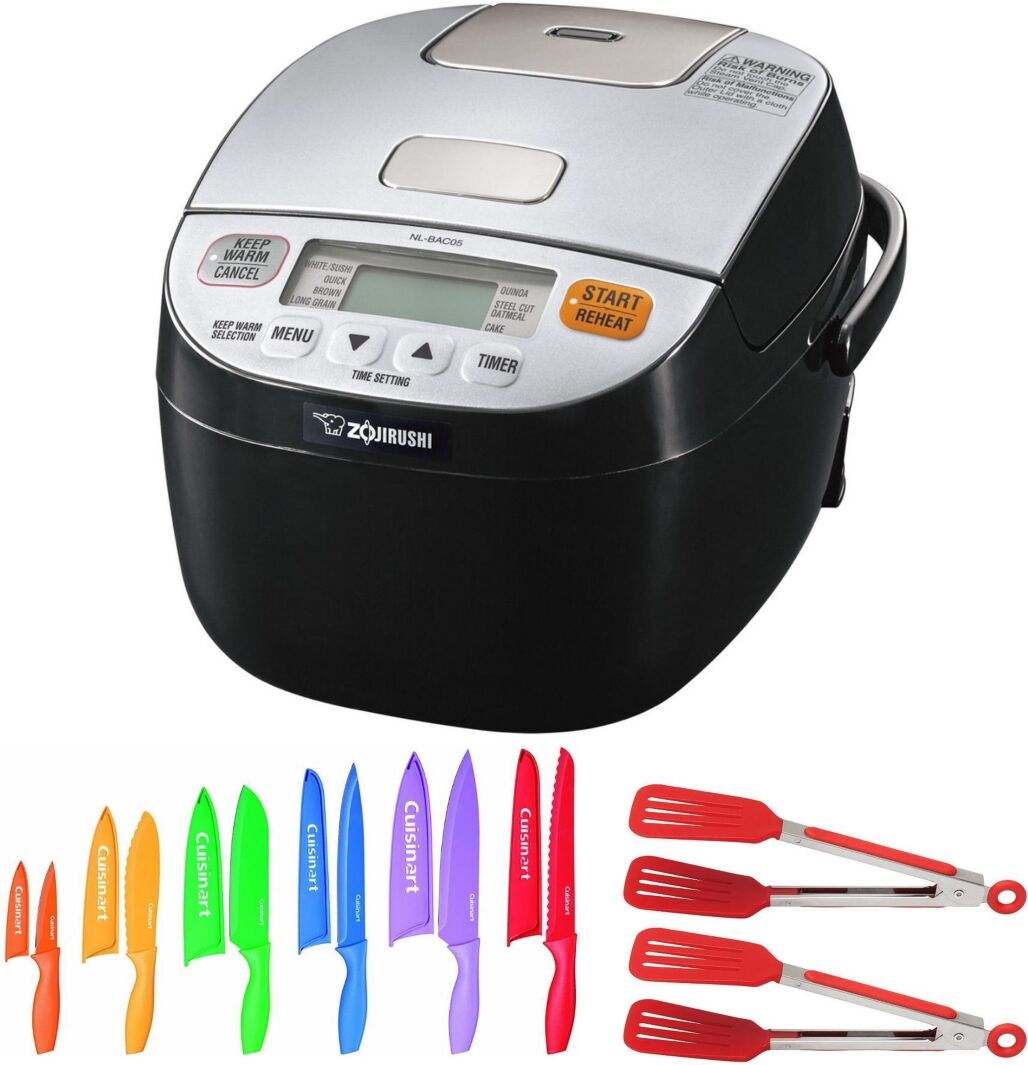 Zojirushi Micom Rice Cooker and Warmer with Color Chef Knife Set and Nylon Tongs - Black