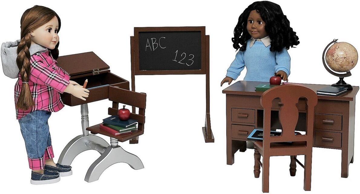 The Queen's Treasures 18 Inch Doll Furniture And Accessories, Teacher & Student Classroom Desks Plus School Books, Chalkboard, Pencil, Globe and More,