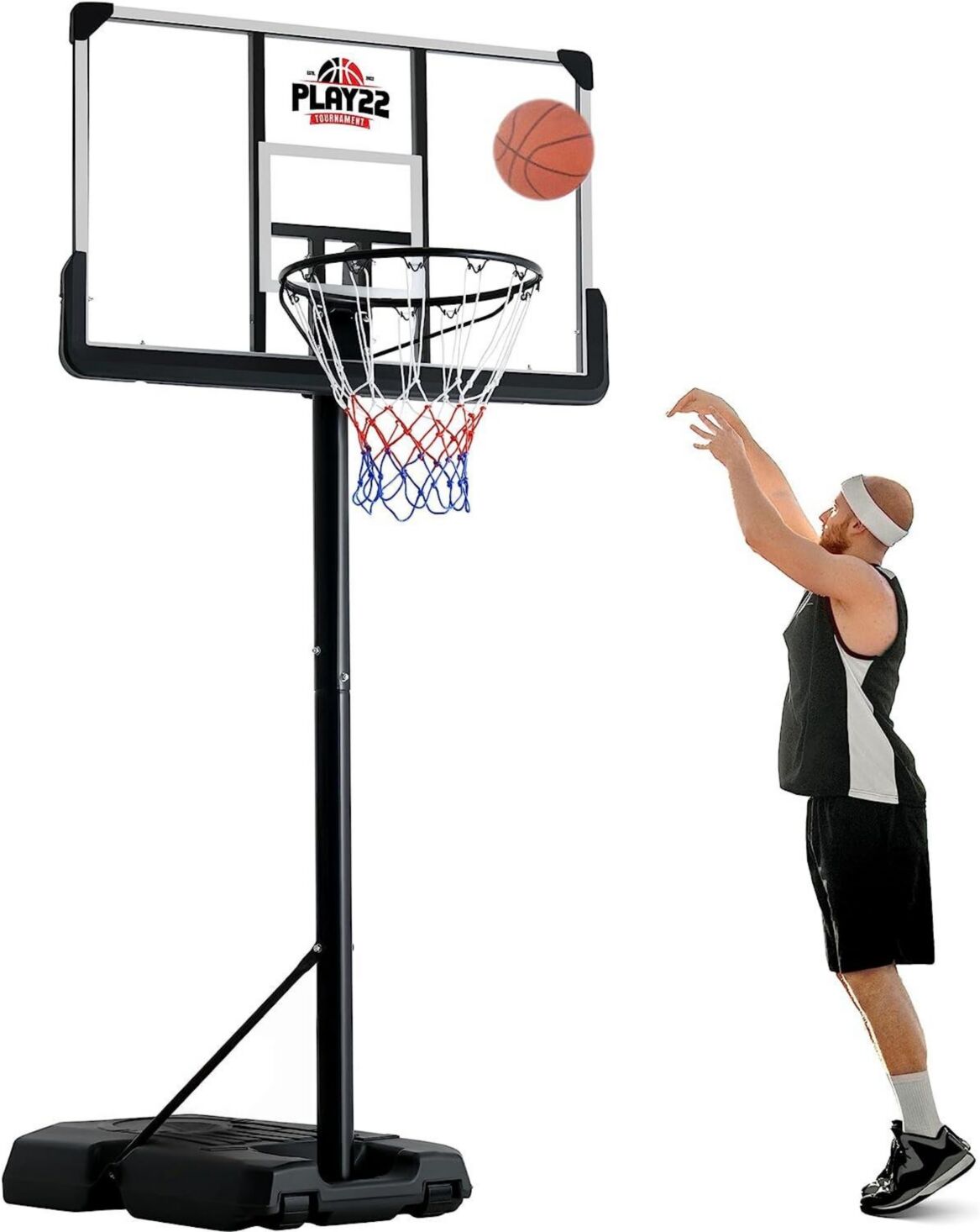 Play22usa Portable Basketball Hoop 10 ft Adjustable - 44in Shatterproof Backboard - Basketball Goal System 8-10 ft Adjustable Basketball Hoop - Black