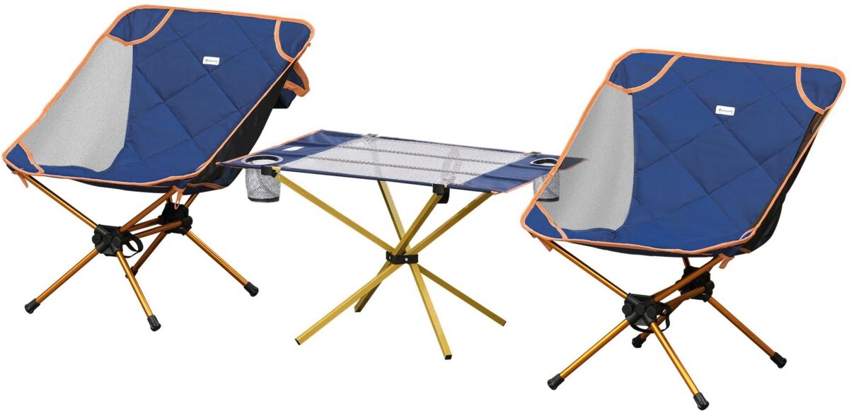 Outsunny 3 Piece Padded Camping Chair Set, Folding Chairs with Portable Table, Cup Holders, Carry Bag for Travel, Camping, Fishing and Beach - Navy bl