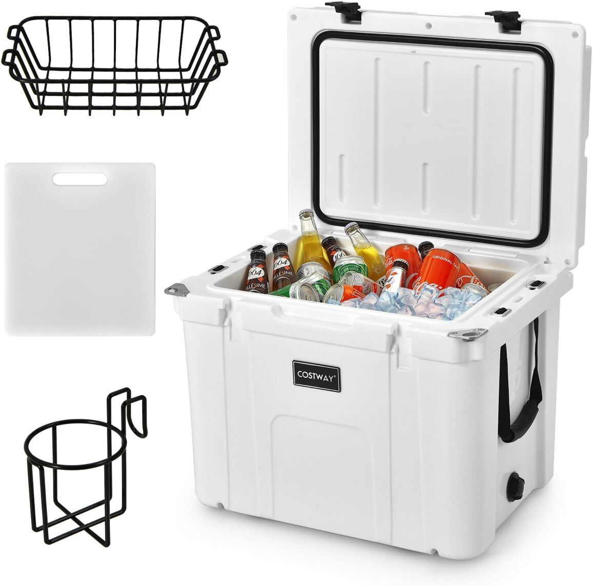 Costway 55 Quart Cooler Portable Ice Chest w/ Cutting Board Basket for Camping - White