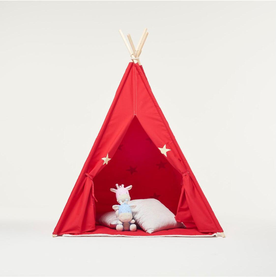 Rocketbaby Cotton Canvas Teepee Play Tent w/Soft Carpet Red and Fluorescent Stars - Red