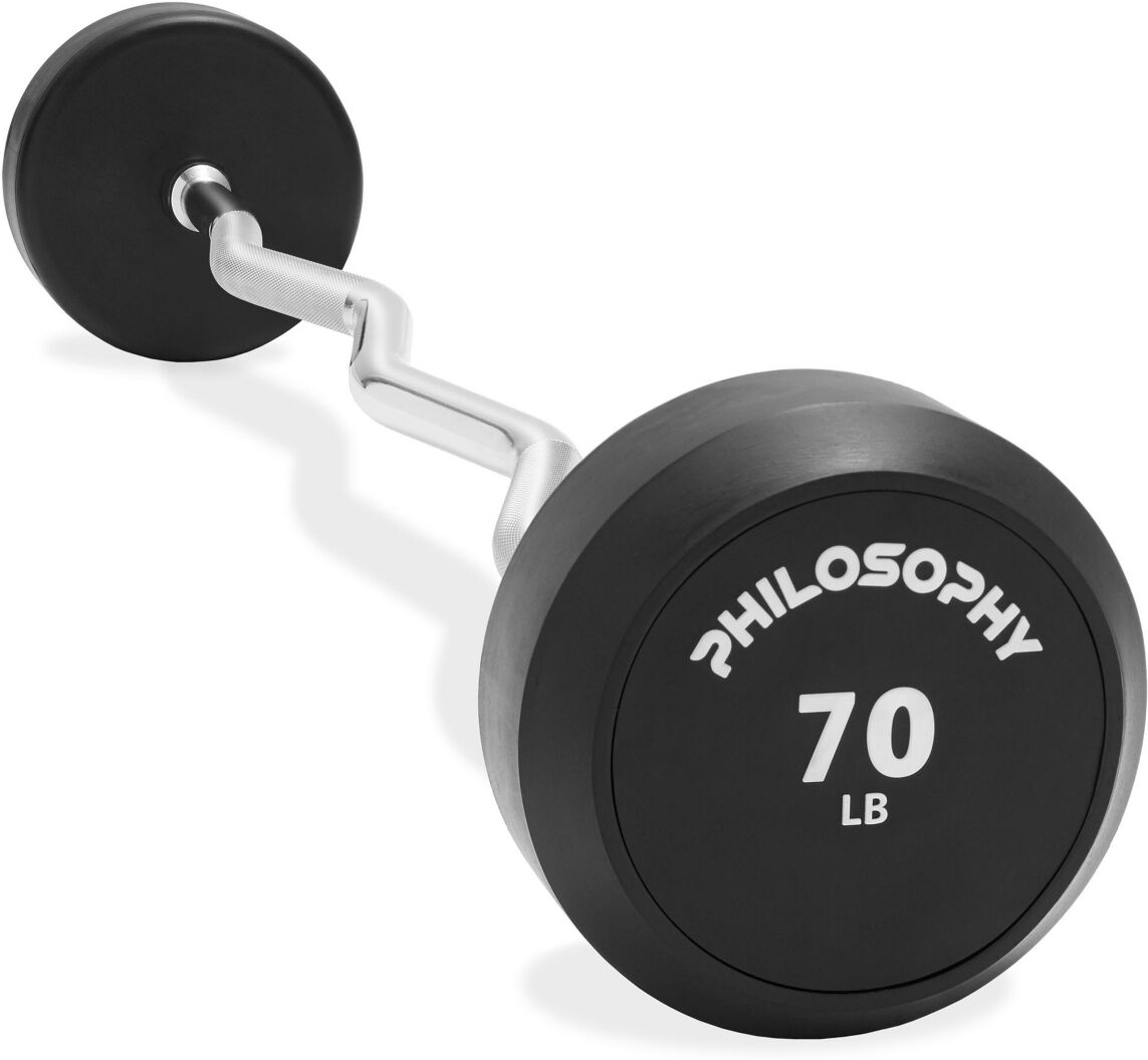 Philosophy Gym Rubber Fixed Barbell, 70 Lb Pre-Loaded Weight Ez Curl Bar for Strength Training & Weightlifting - Black