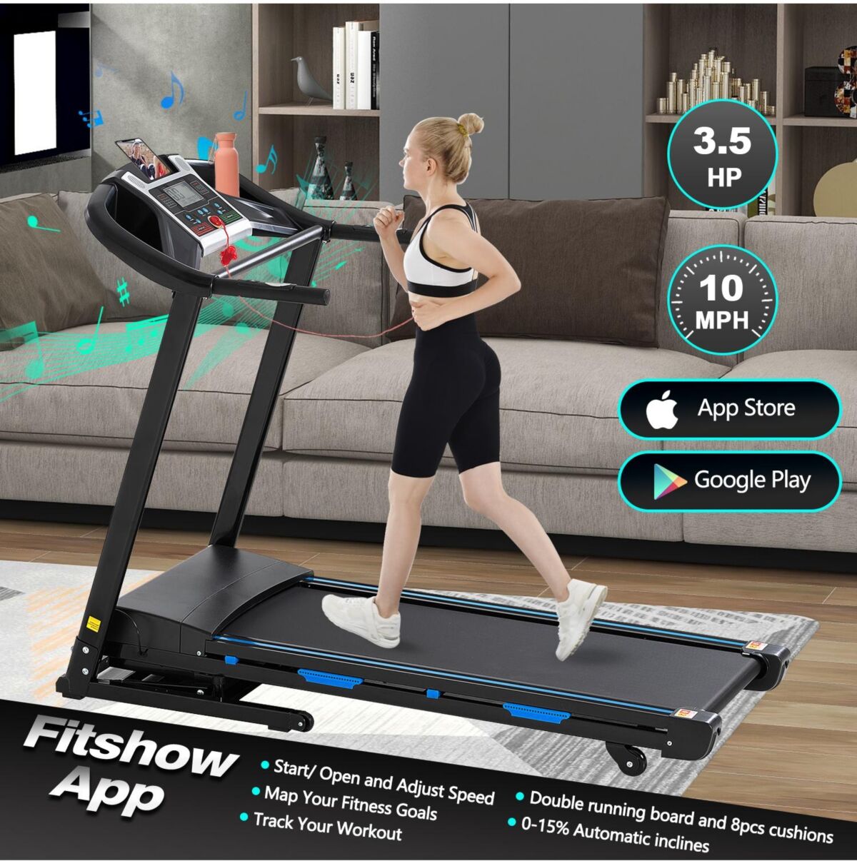 Simplie Fun Treadmills for Home, Electric Treadmill with 15% Automatic Incline, Foldable 3.25HP Workout Running Machine Walking, Double Running Board