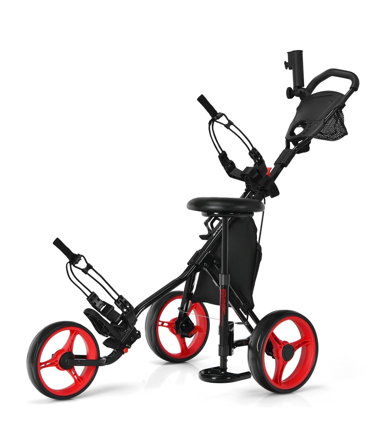 Costway Folding 3 Wheels Golf Push Cart W/Seat Scoreboard Adjustable Handle - Red