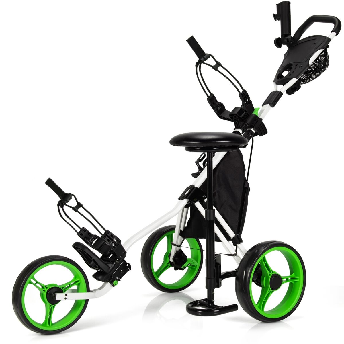 Costway Folding 3 Wheels Golf Push Cart W/Seat Scoreboard Adjustable Handle - Green