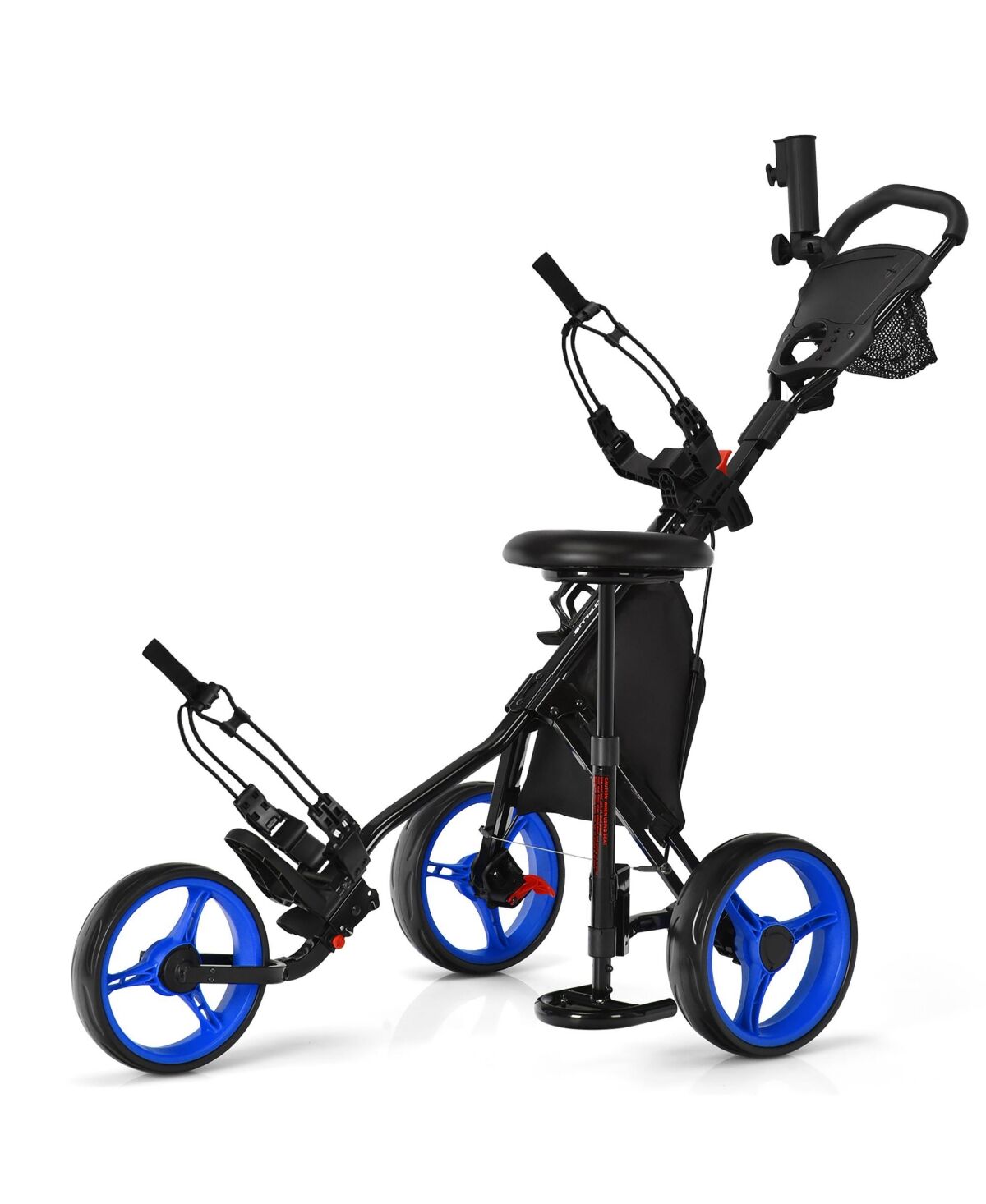 Costway Folding 3 Wheels Golf Push Cart W/Seat Scoreboard Adjustable Handle - Blue