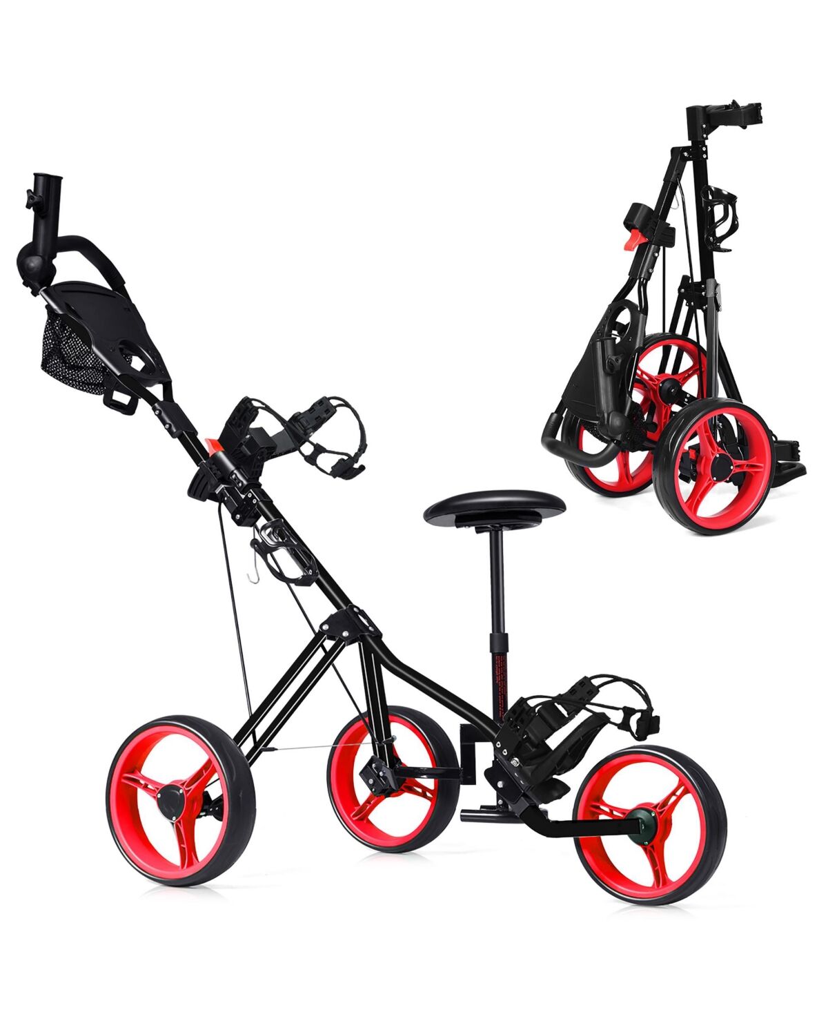 Costway Foldable 3 Wheel Push Pull Golf Club Cart Trolley - Red